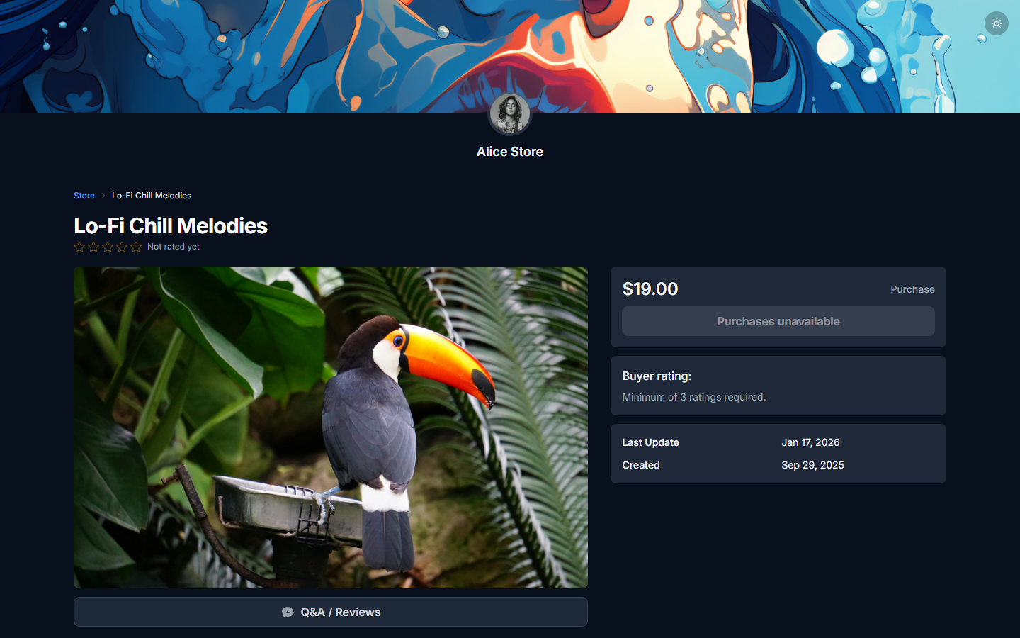 Product page with media gallery, price, and buy button.